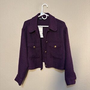 NWT Zara Women's Deep Purple Tweed Cropped Blazer